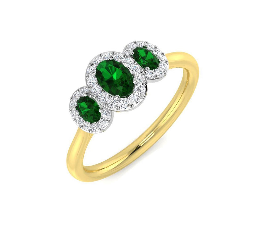 18ct Yellow Gold Emerald & Diamond Triple Cluster Ring