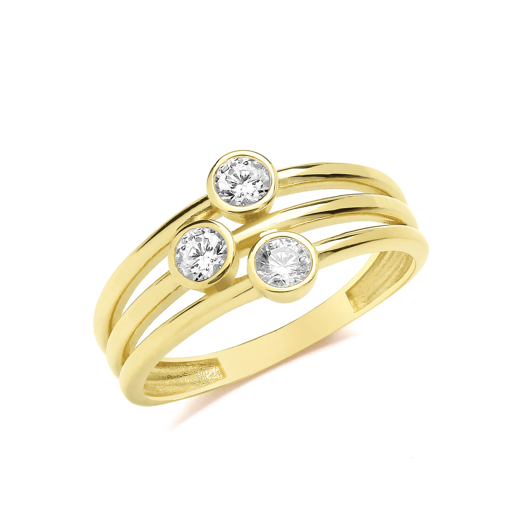 9ct Yellow Gold Three Row Bubble Ring CZ