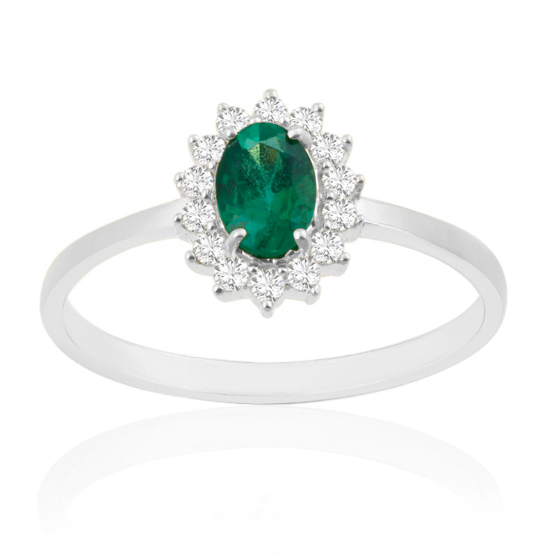9ct White Gold Diamond and Emerald Ring