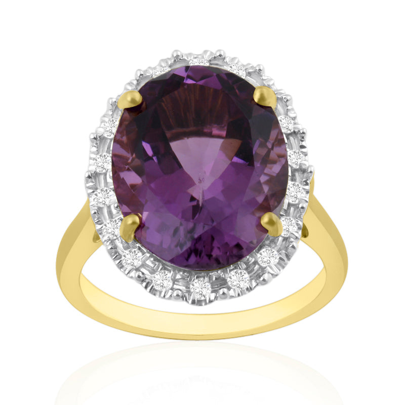 9ct Yellow Gold Diamond and Amethyst Ring