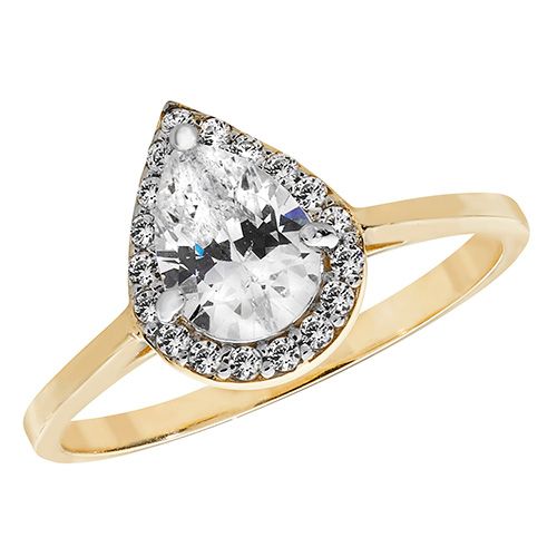 9ct Yellow Gold CZ Pear Shaped Halo Ring