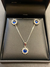 Load image into Gallery viewer, Sterling Silver Sapphire CZ Pendant &amp; Earring Set
