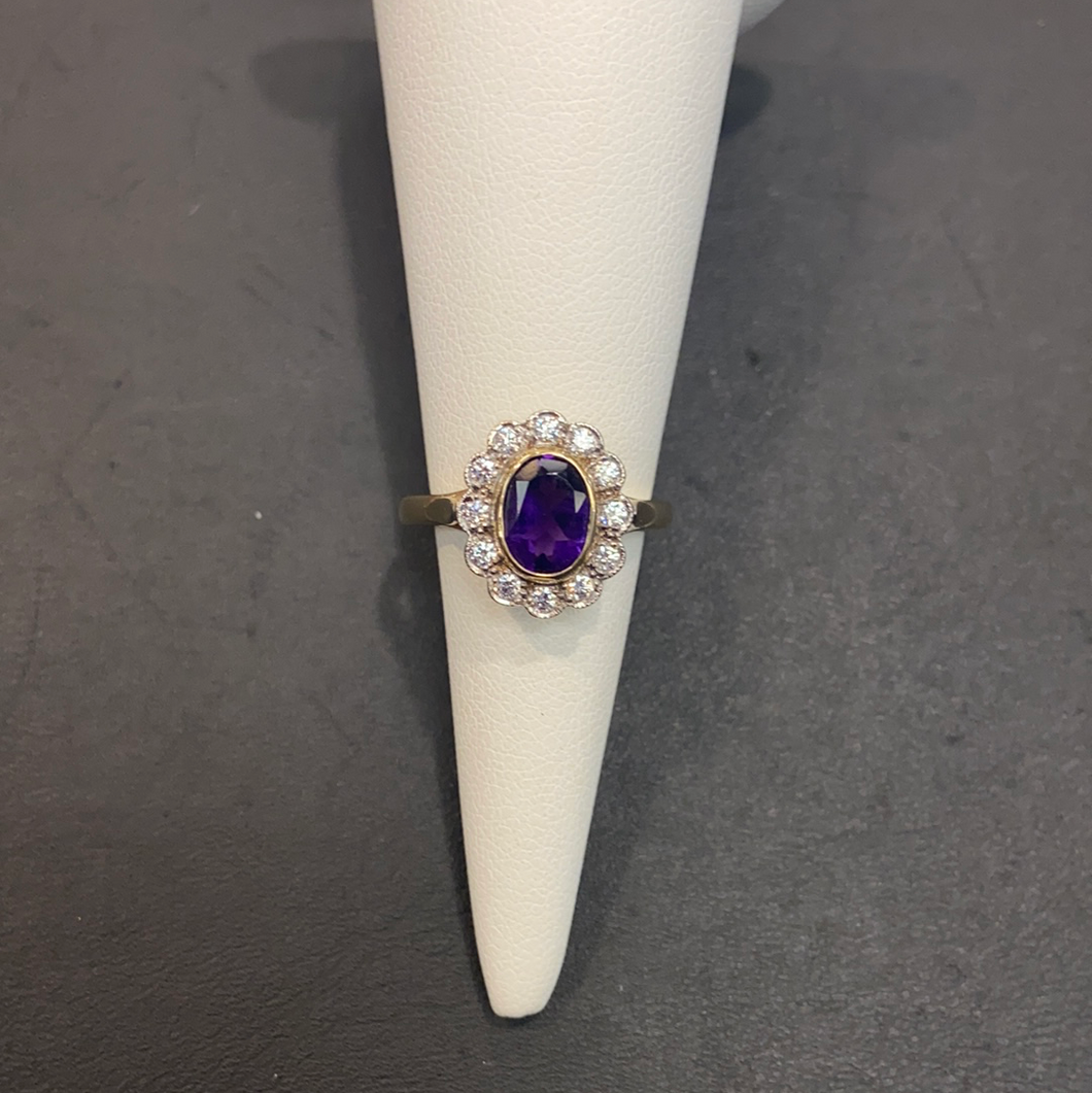 9ct Yellow Gold Amethyst CZ Cluster Ring