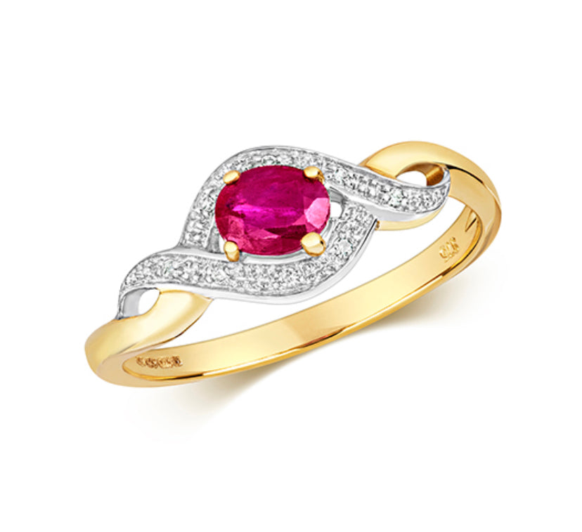 9ct Yellow Gold Ruby  & Diamond Ring