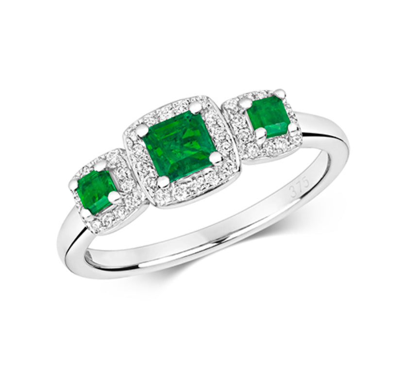 9ct White Gold Emerald  & Diamond Ring