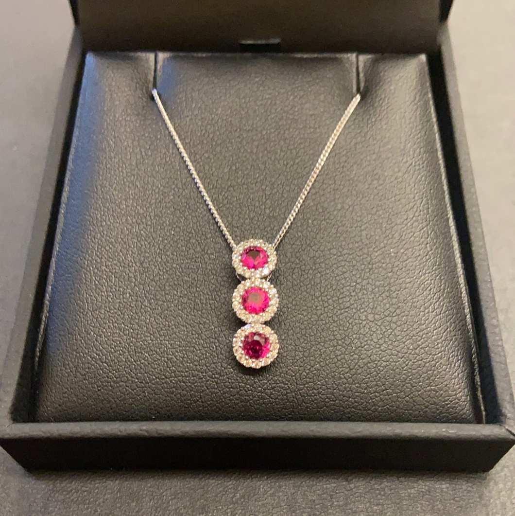 Sterling Silver Ruby CZ Triple Cluster Pendant & Chain
