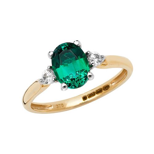 9ct Yellow Gold White Sapphire & Created Emerald Dress Ring