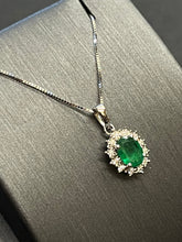 Load image into Gallery viewer, 9ct White Gold Emerald &amp; Diamond Cluster Pendant
